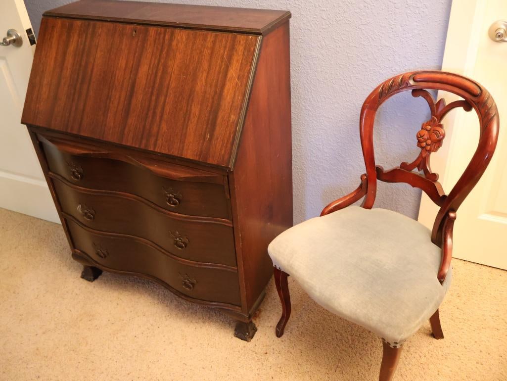 Vintage Secretary and Antique Chair: Please view all photos for sizes and condition.
