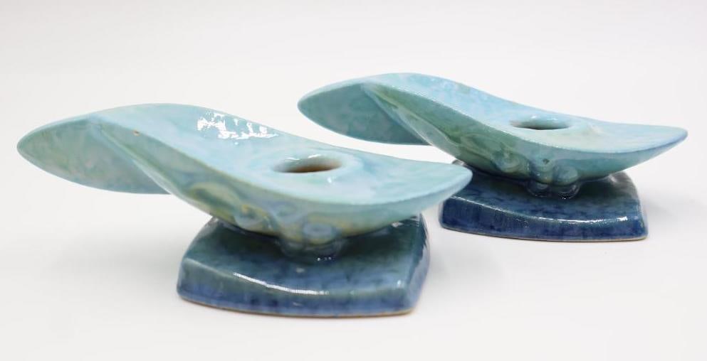 Pair of Roseville Wincraft Blue Candle Holders: Both marked on bottom, USA 252