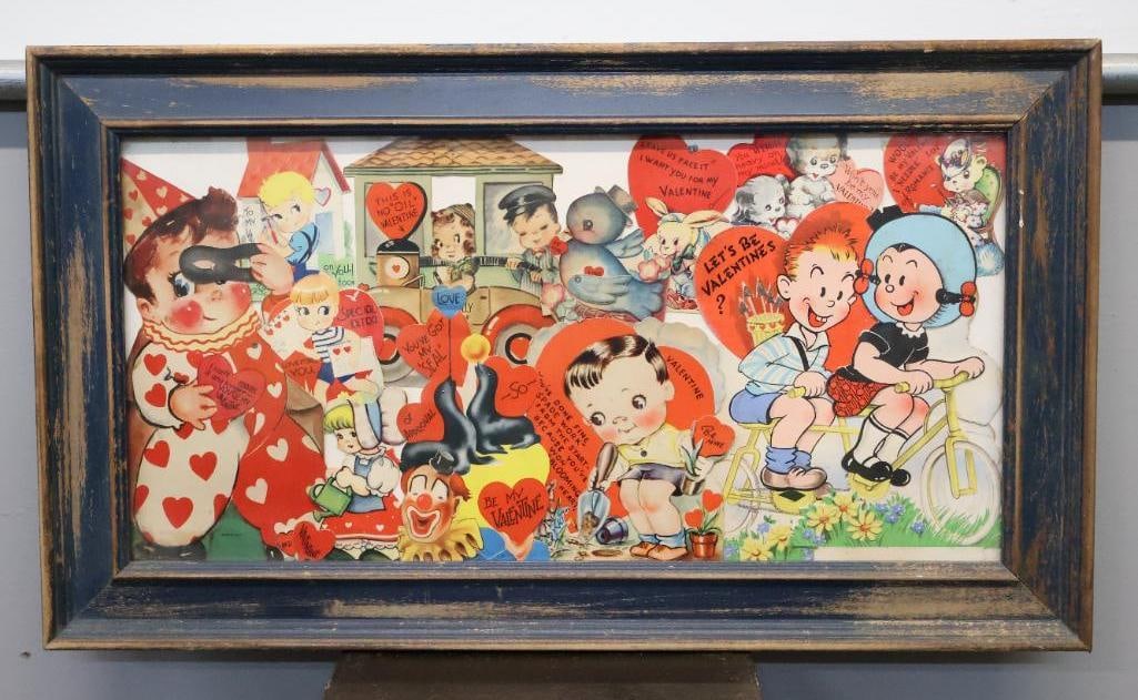Framed Vintage Valentine's Cards Collage: Great piece of collaged vintage valentines cards, large and small, in a 23.5" by 12" frame
