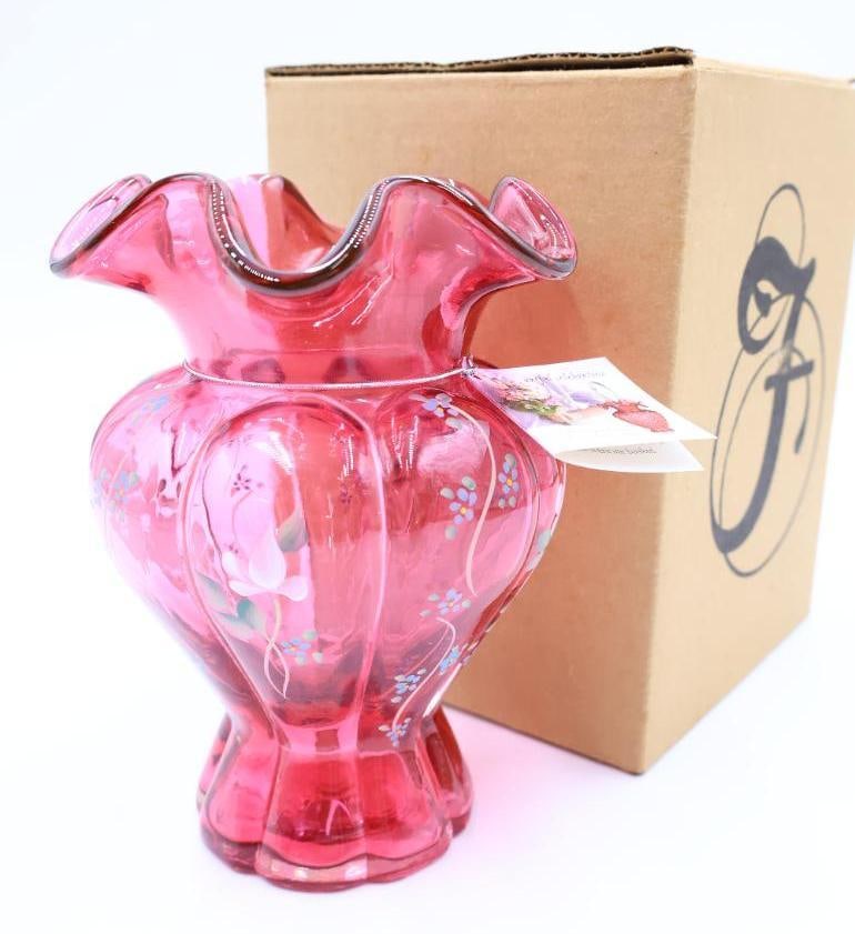 Fenton Hand Painted Signed Cranberry Floral Vase with a Ruffled Rim with Original Box (1 of 9)