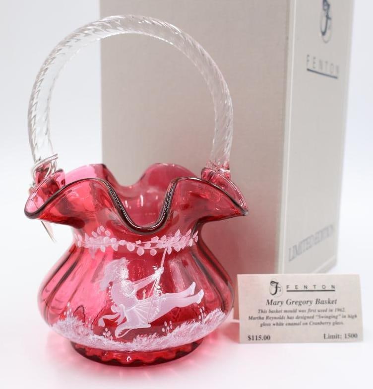 Fenton Hand Painted Signed Mary Gregory Cranberry Basket with Original Box (1 of 13)