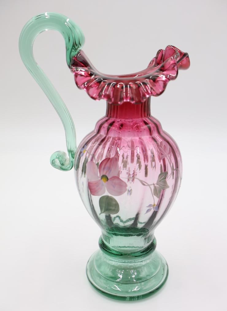 Fenton Hand Painted Signed Rubina Verde Glass Floral Pitcher (1 of 8)