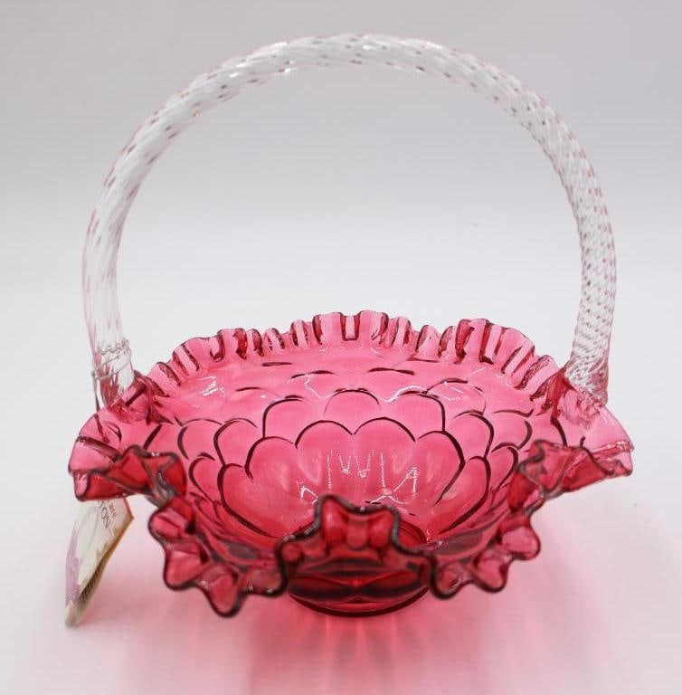 Fenton Cranberry Thumbprint Clear Handle Bride Basket (1 of 8)