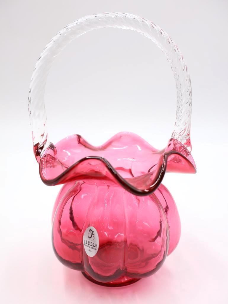 Fenton Cranberry Glass Melon Basket with a Ruffled Edge (1 of 5)