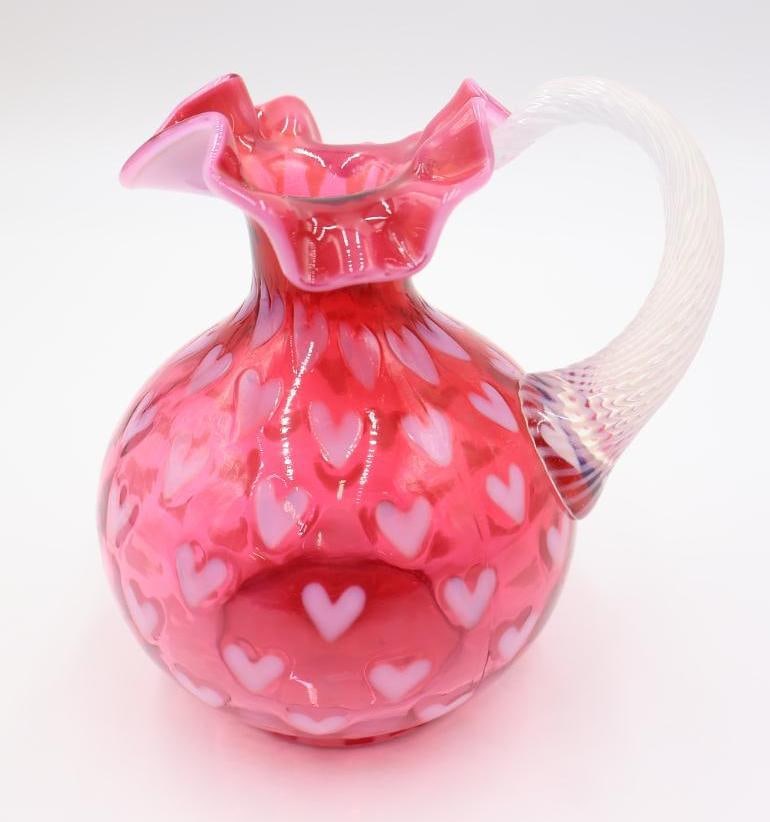 Fenton Cranberry Opalescent Heart Optic Ball Pitcher with a Ruffled Rim (1 of 7)
