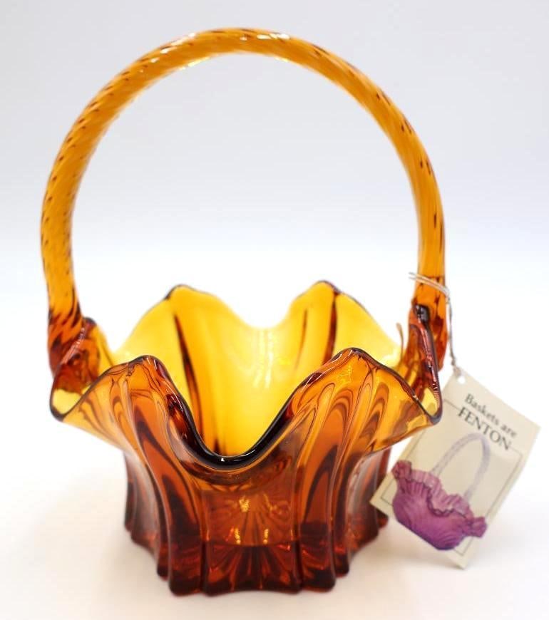 Fenton Amber Vulcan Style Basket with Twisted Handle (1 of 6)