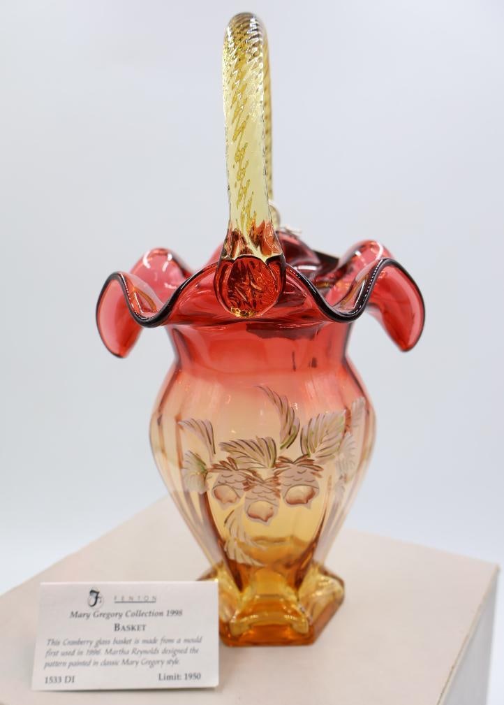 Fenton Hand Painted Signed Amberina Woodland Tall Basket (1 of 12)