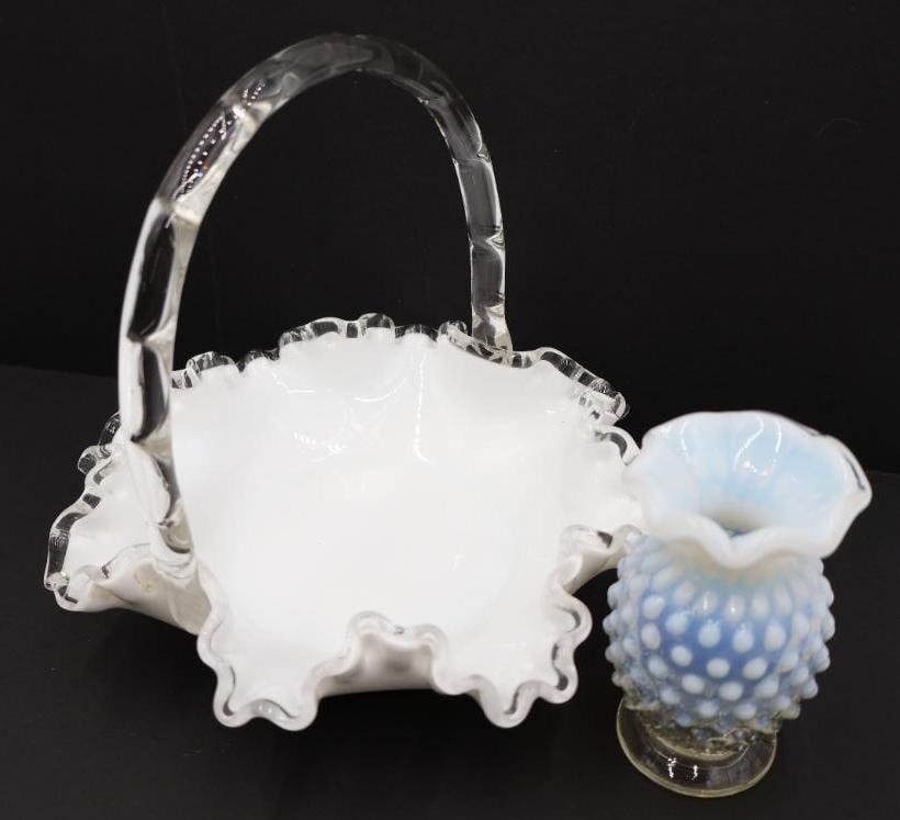 Fenton White Opalescent Small Hobnail Vase and White Ruffle Edge Basket (1 of 6)