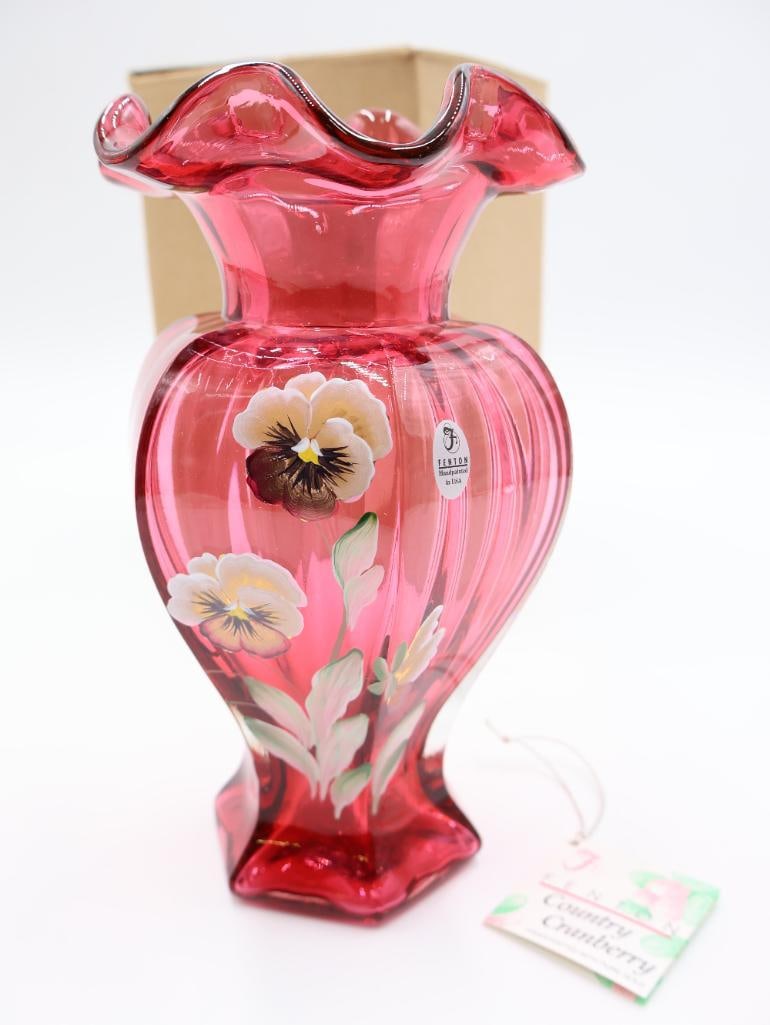 Fenton Hand Painted Signed Country Cranberry Pansies Vase with Original Box (1 of 8)