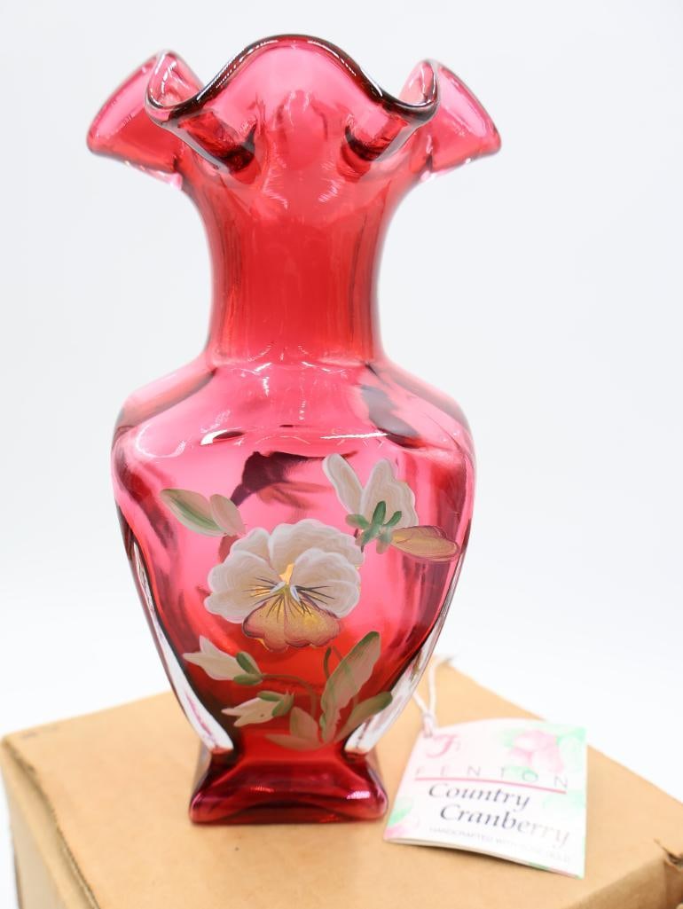 Fenton Hand Painted Signed Country Cranberry Pansies Square Bottom Vase (1 of 7)
