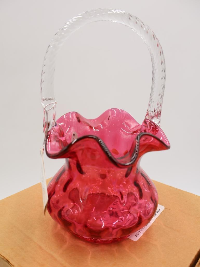 Fenton Cranberry Thumbprint Clear Handle Basket with Original Box (1 of 9)