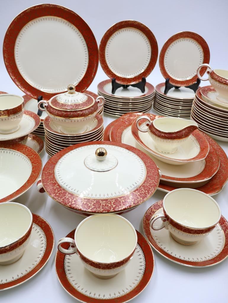 Vintage Large Set of Taylor Smith & Taylor Gilded Red Floral China Set: Lovely red floral design with gold accents, Marked 'Taylor Smith Taylor USA' pattern TSTTST206, a couple chips on plates and one cup handle has been repaired please see all photos. Includes quilted st