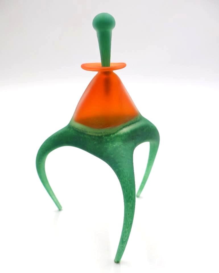 Unique Artisan Glass Orange and Green Perfume Bottle: Appears to have faint signature on bottle, truly unique three legged perfume bottle with matching stopper. Stopper has been repaired please see all photos