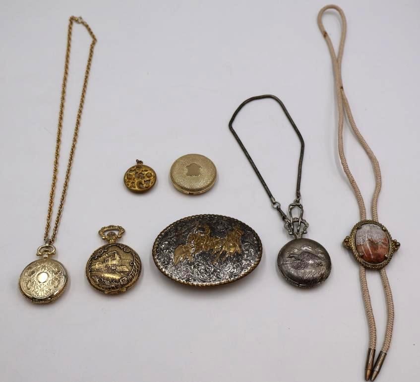 Vintage Belt buckle, pocket watch, compact, locket and bolo: Bolo with natural stone, two pocket watches, belt buckle, vintage compact, locket with chain. View all photos for details and sizing. By placing a bid, you acknowledge that you have examined the item