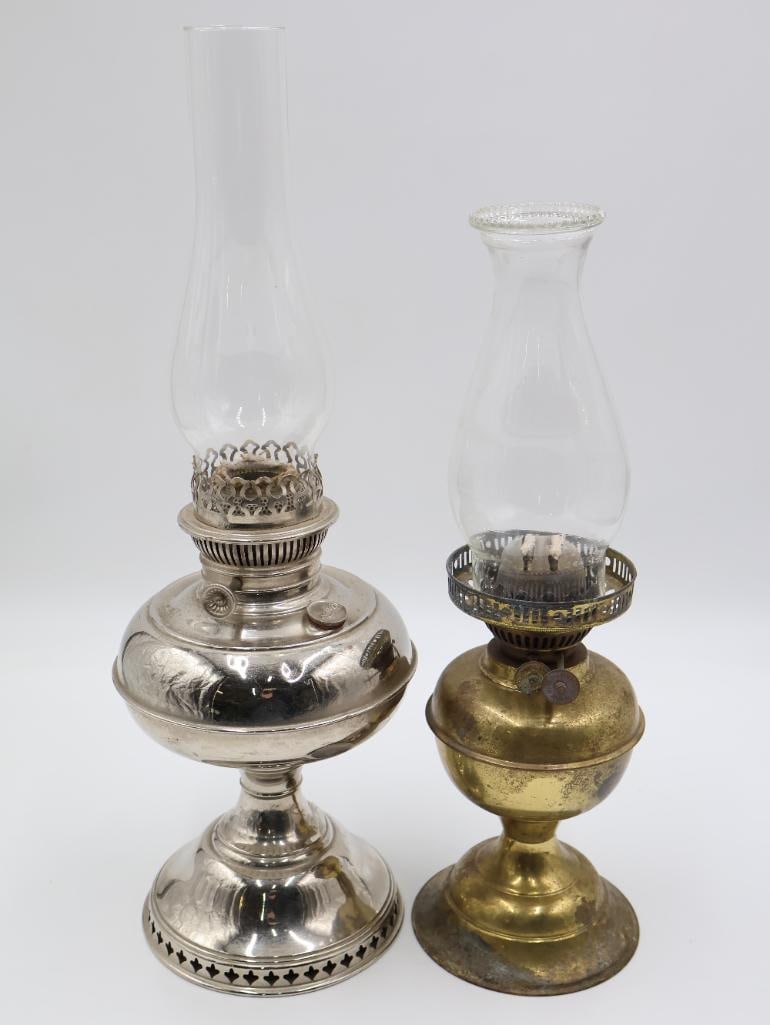 Two Vintage Oil Lamps: View all photos for details and sizing. By placing a bid, you acknowledge that you have examined the item to your satisfaction and accept it in its current condition.
