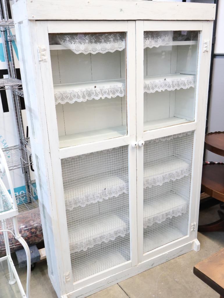 White wooden display or pantry cabinet with glass and wire mesh doors (1 of 13)