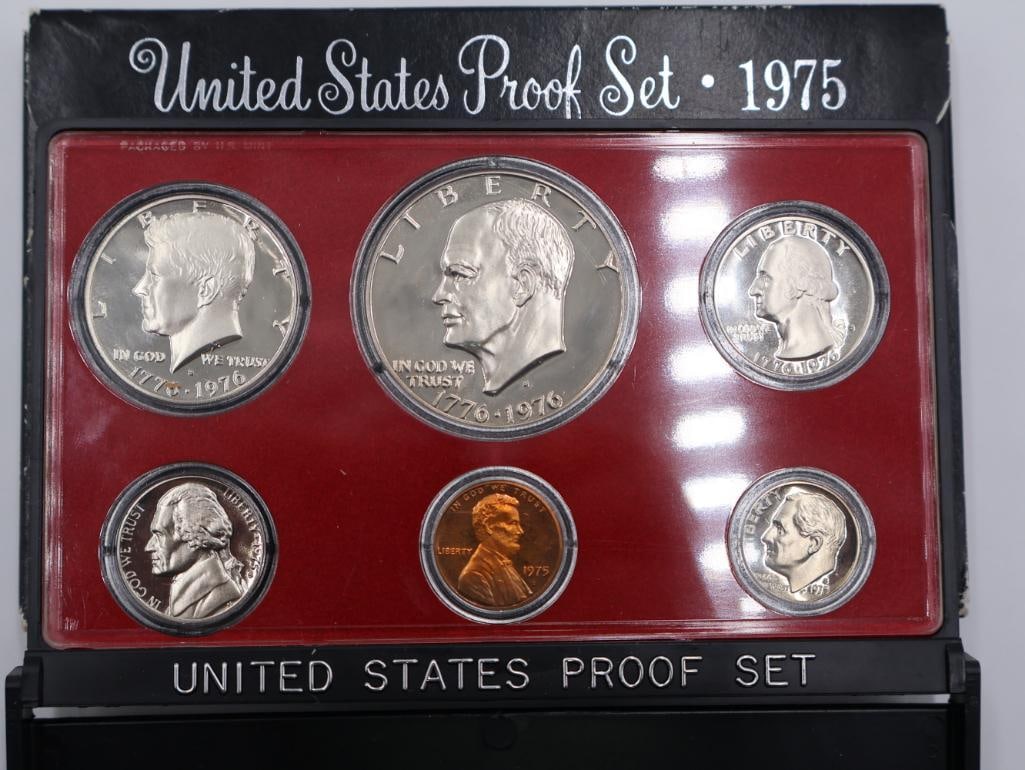 1975 with Bicentennial United States Proof Set: The set includes the Lincoln Cent, Jefferson Nickel, Roosevelt Dime, Washington Quarter, Kennedy Half Dollar, and Eisenhower Dollar. View all photos for details and sizing. By placing a bid, you ackno