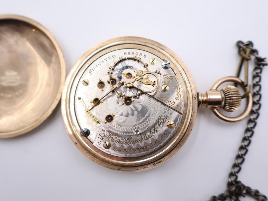 Antique Hamilton railroad-grade open-face pocket watch with Baseball Bat Ornate Chain - 10