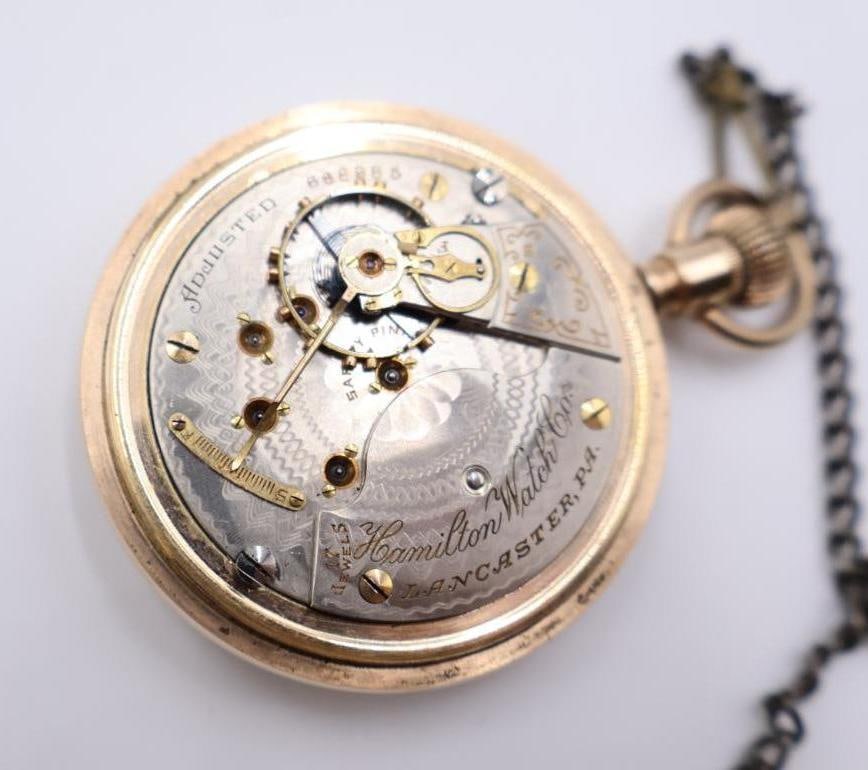 Antique Hamilton railroad-grade open-face pocket watch with Baseball Bat Ornate Chain - 11
