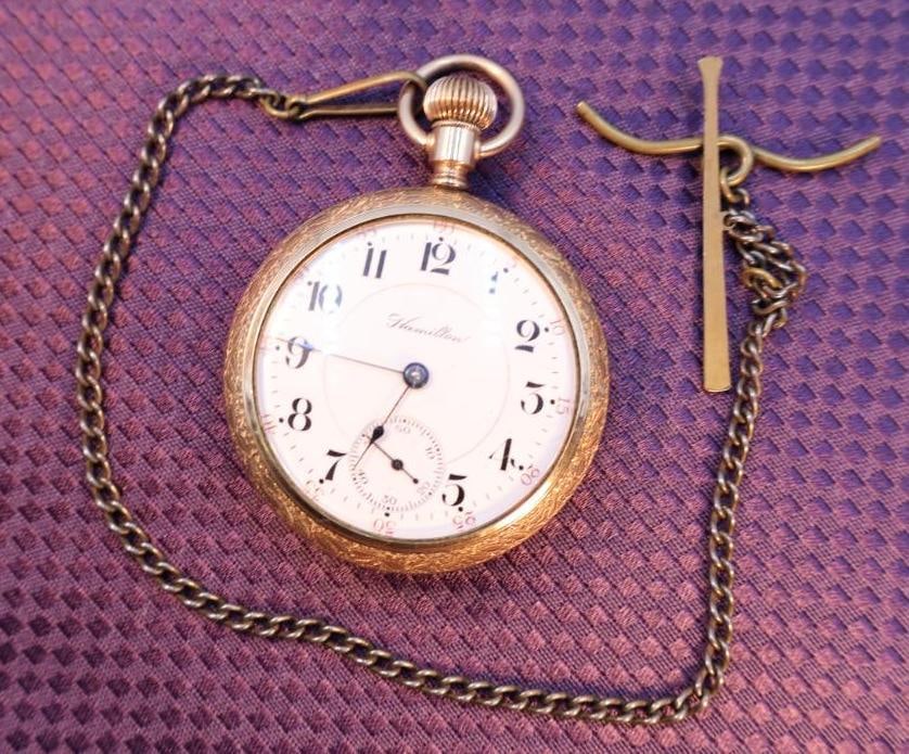 Antique Hamilton railroad-grade open-face pocket watch with Baseball Bat Ornate Chain (1 of 12)