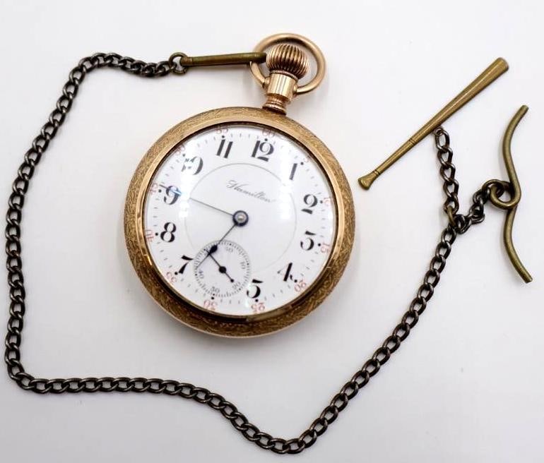 Antique Hamilton railroad-grade open-face pocket watch with Baseball Bat Ornate Chain - 2
