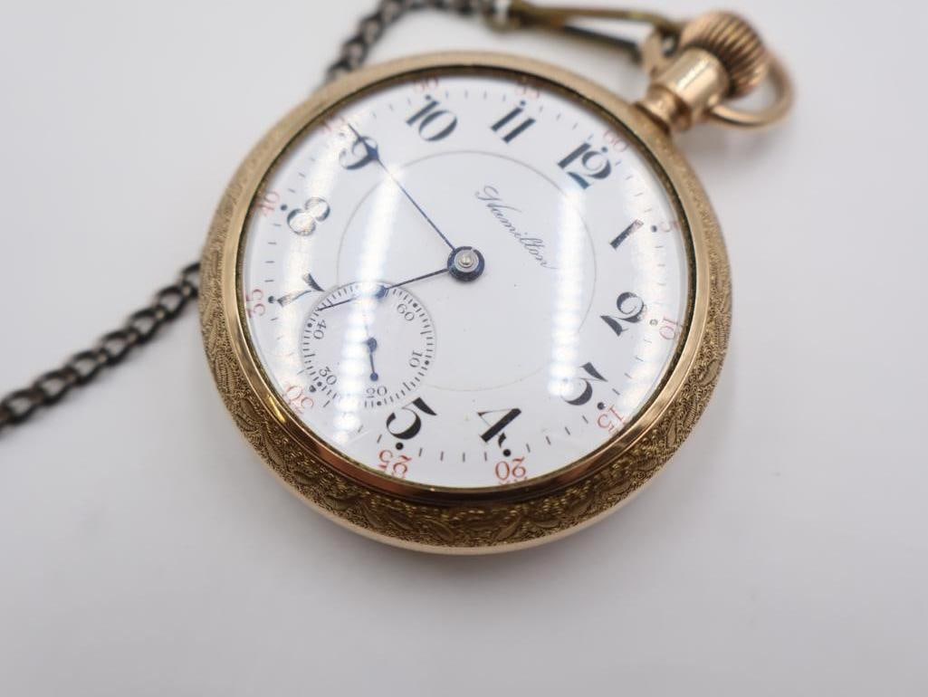 Antique Hamilton railroad-grade open-face pocket watch with Baseball Bat Ornate Chain - 3