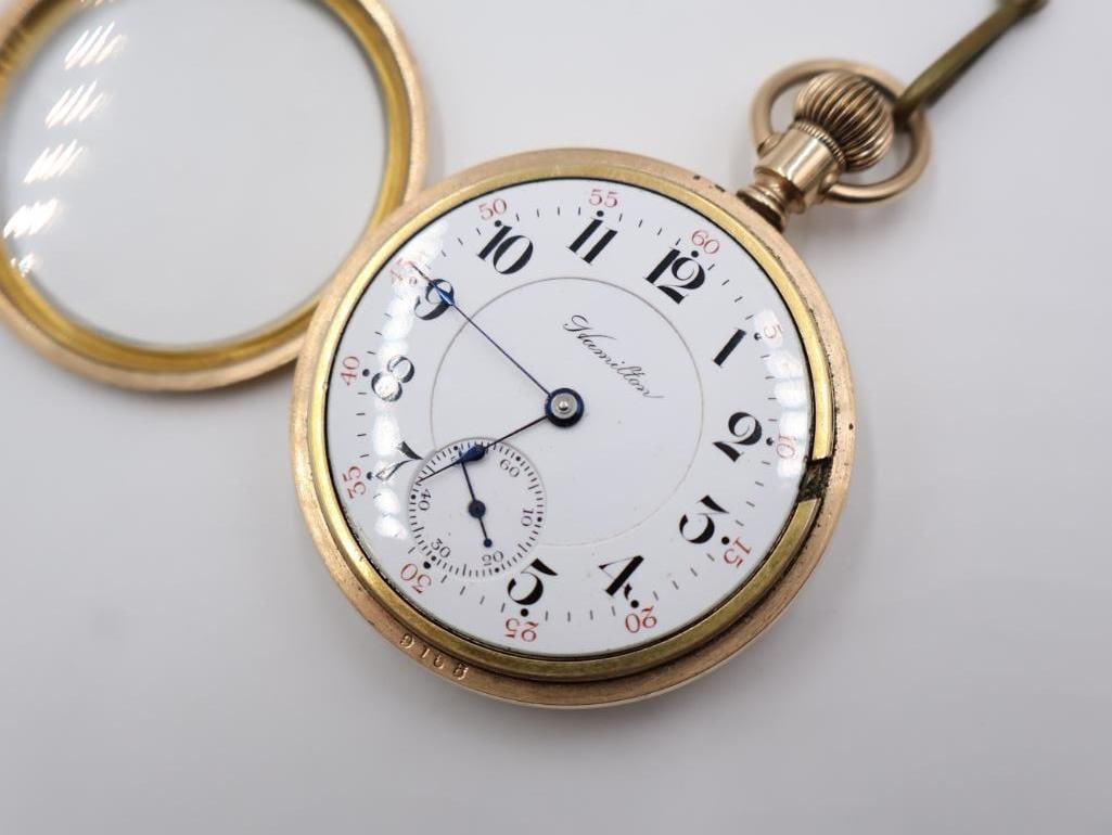 Antique Hamilton railroad-grade open-face pocket watch with Baseball Bat Ornate Chain - 9