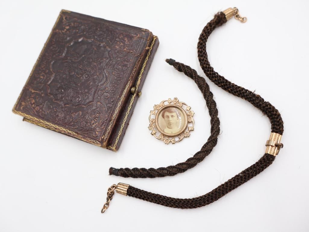 Victorian-era Hairwork Chain, a Picture Pin, and a Vintage Tintype Photo: Click on the main photo to view additional photos. The watch chain is made of tightly braided human hair, a common practice in the Georgian and Victorian eras. 