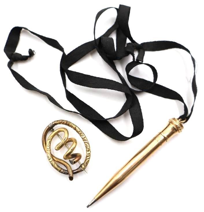 Vintage gold-filled mechanical pencil and antique Victorian gold-filled love knot brooch - 2