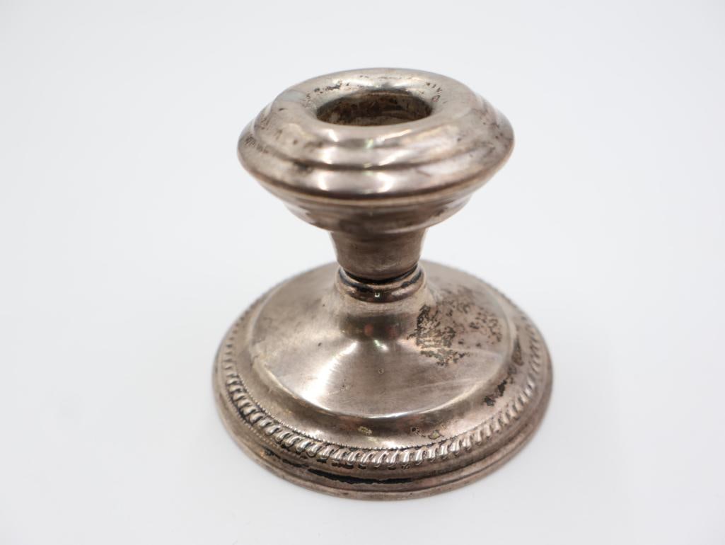 Vintage Sterling Silver Lidded Vanity Jar and Sterling Weighted Vase and Candlestick - 11