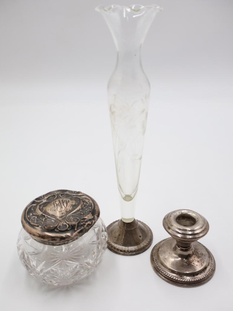 Vintage Sterling Silver Lidded Vanity Jar and Sterling Weighted Vase and Candlestick (1 of 13)