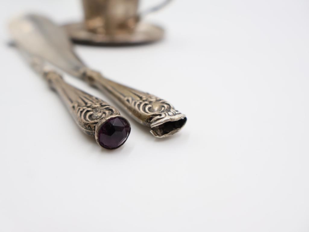 Antique Sterling Silver items includes a small cup with a saucer, a button hook, and a shoehorn - 2