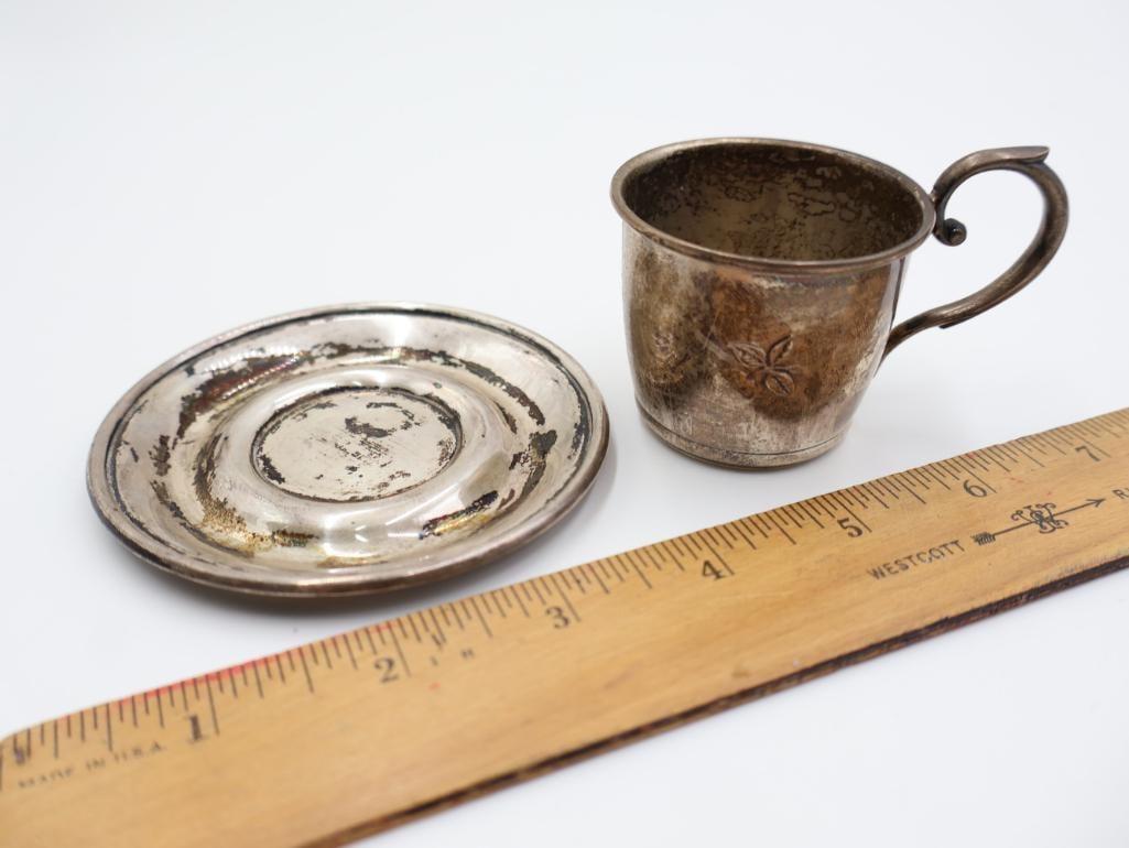 Antique Sterling Silver items includes a small cup with a saucer, a button hook, and a shoehorn - 5