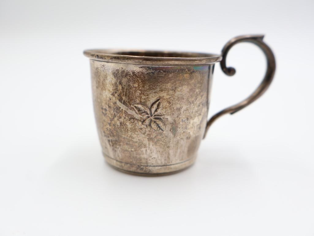 Antique Sterling Silver items includes a small cup with a saucer, a button hook, and a shoehorn - 8