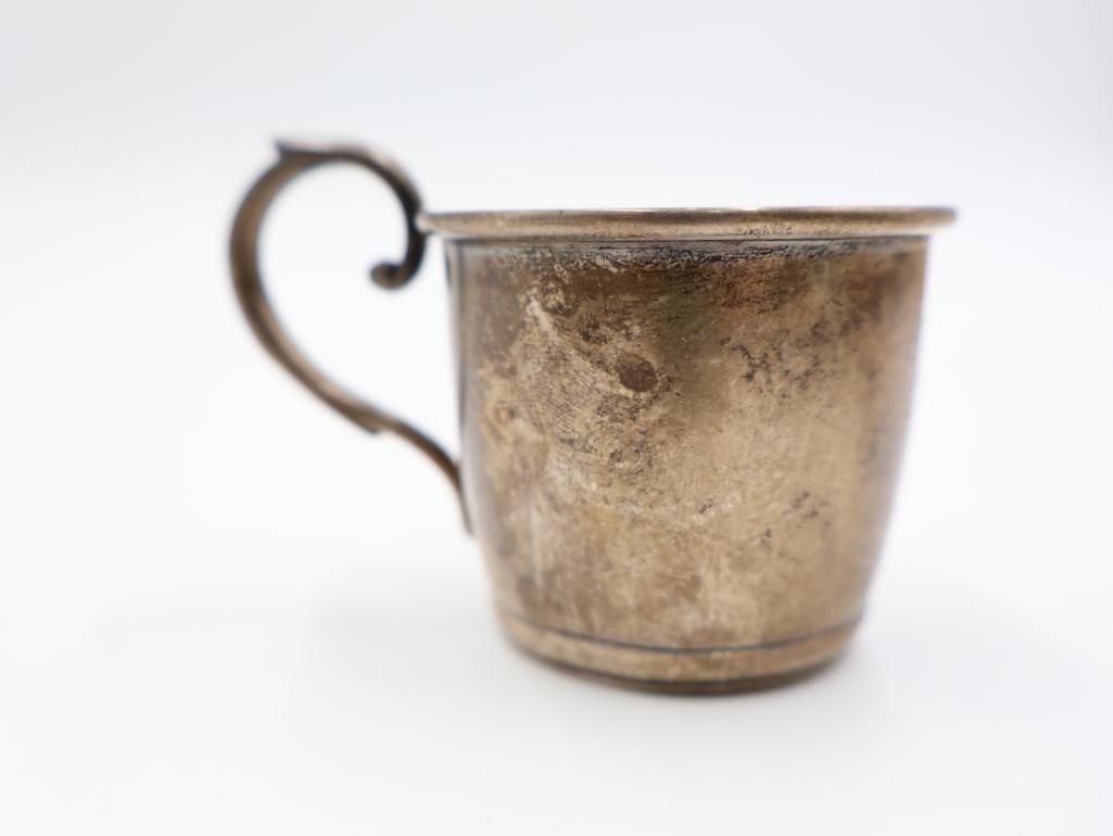 Antique Sterling Silver items includes a small cup with a saucer, a button hook, and a shoehorn - 9