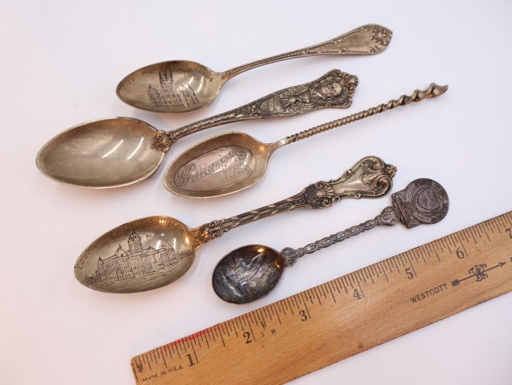 Four Antique Sterling Silver Spoons and one collectors spoon - 2