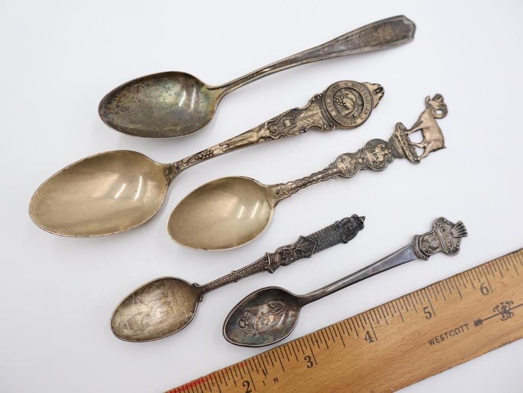 Four Antique Sterling Silver Spoons and one collectors spoon - 2
