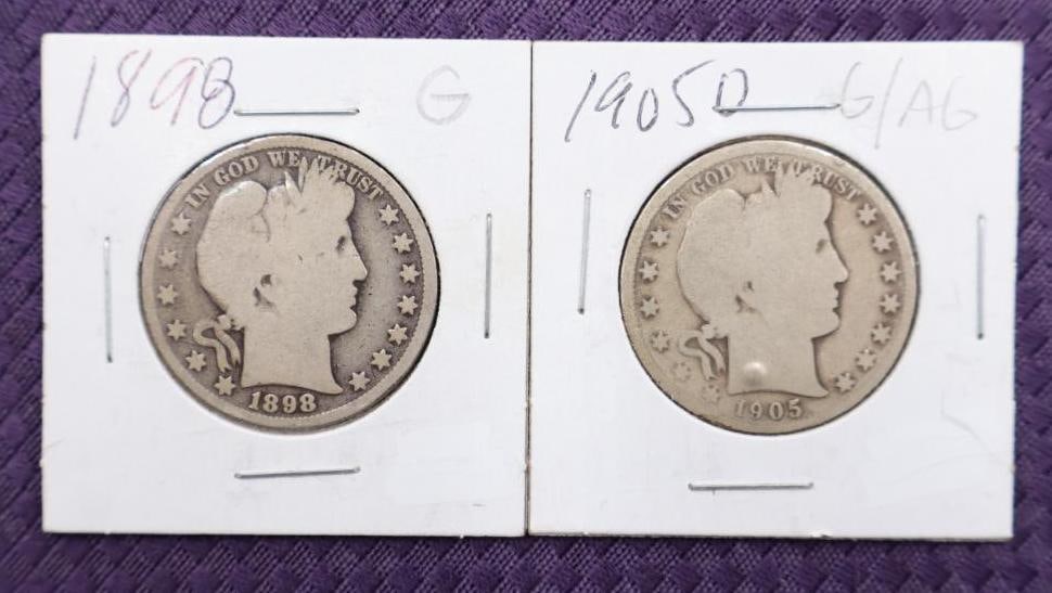Barber half dollars, 1898G, 1905G/AG 90% Silver (1 of 6)