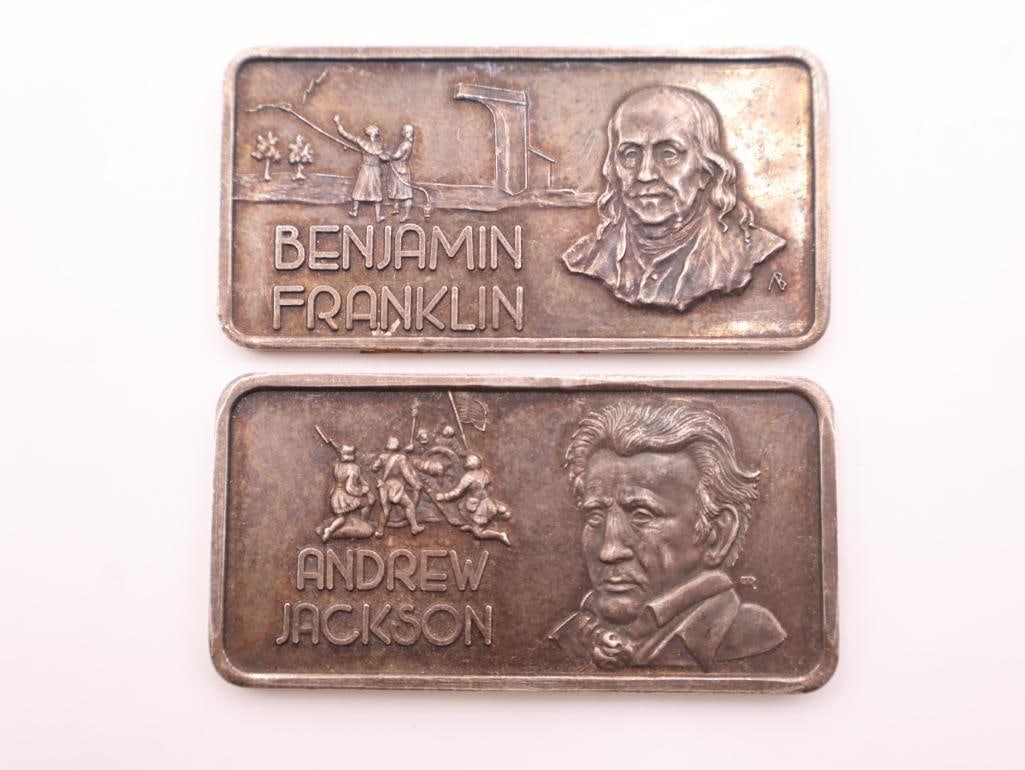 Franklin and Jackson silver art bars, One Troy OZ .999 Fine Silver Each - 2