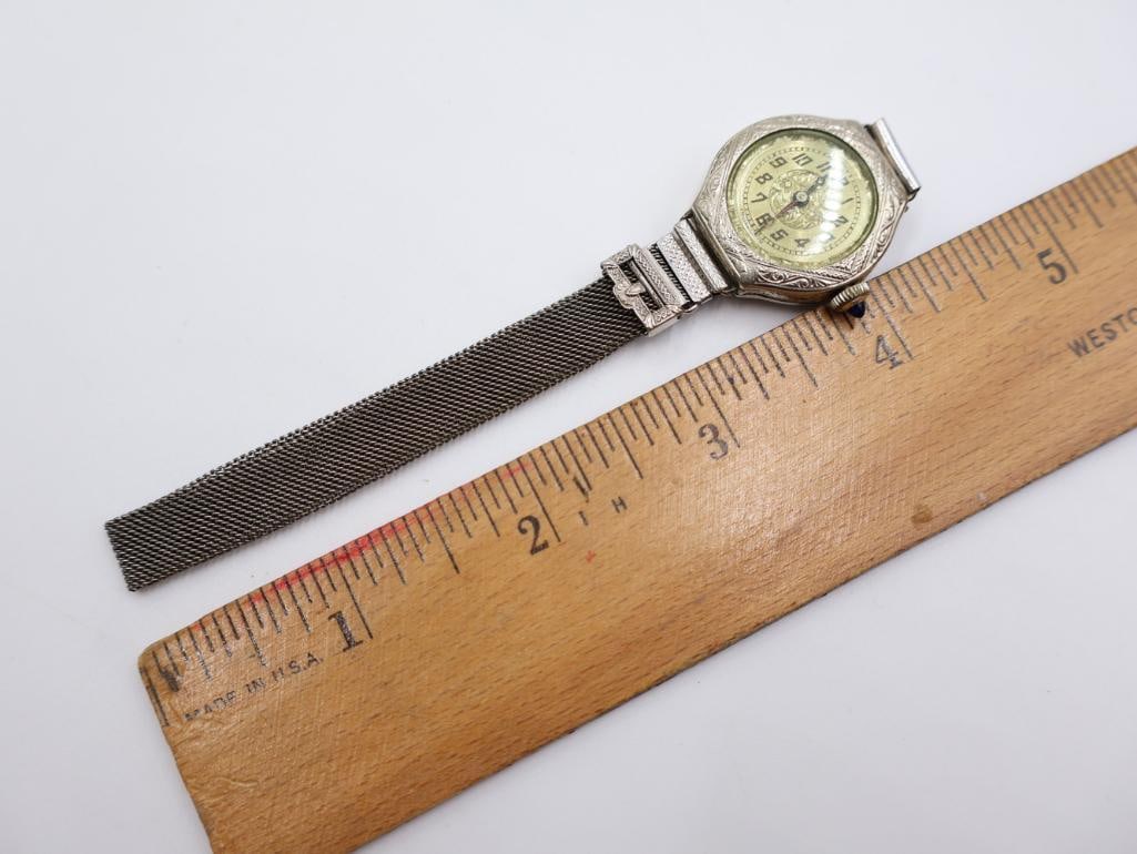 14k White Gold-plated case, Antique Swiss Amerigus Watch Co. ladies' mechanical wristwatch - 3