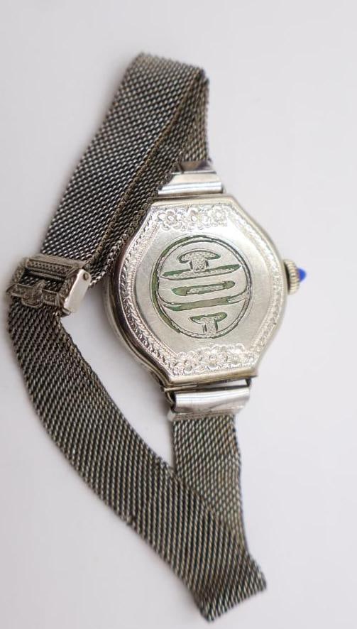 14k White Gold-plated case, Antique Swiss Amerigus Watch Co. ladies' mechanical wristwatch - 7