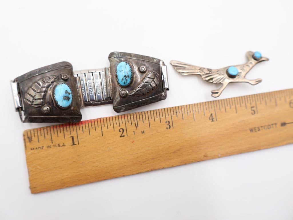 Vintage Navajo sterling silver turquoise watch cuff bracelet and a matching roadrunner pin - 2