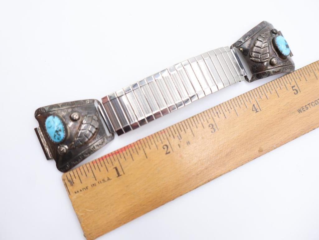 Vintage Navajo sterling silver turquoise watch cuff bracelet and a matching roadrunner pin - 3