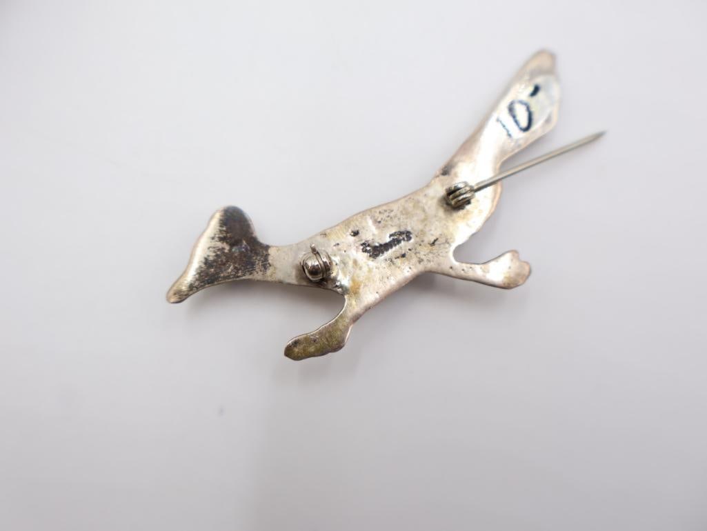 Vintage Navajo sterling silver turquoise watch cuff bracelet and a matching roadrunner pin - 5