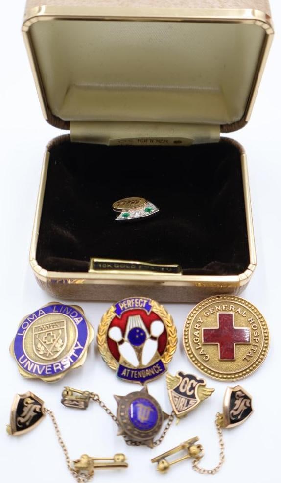 Collection of enamel badges and 10k pins (1 of 18)