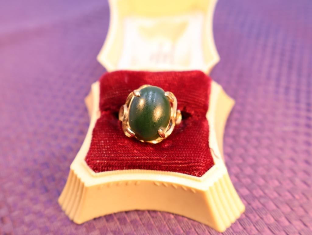 Vintage 14k yellow gold nephrite jade ring - 3