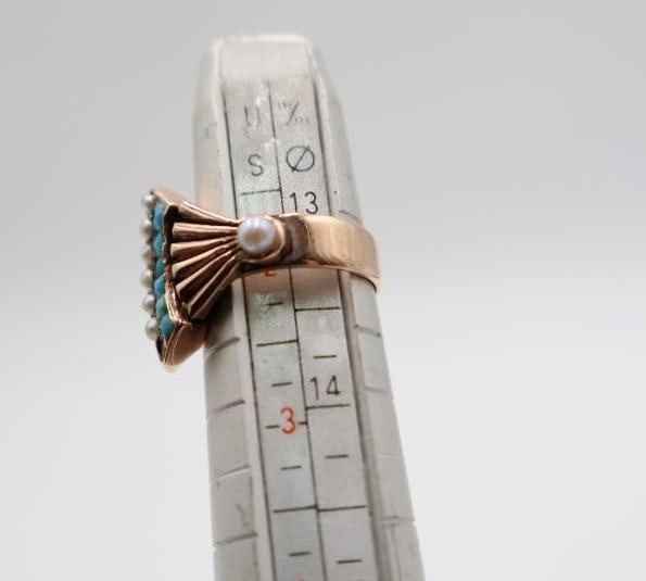 Synthetic Ruby 10k Gold ring Art Deco, and a turquoise and seed pearl ring - 10