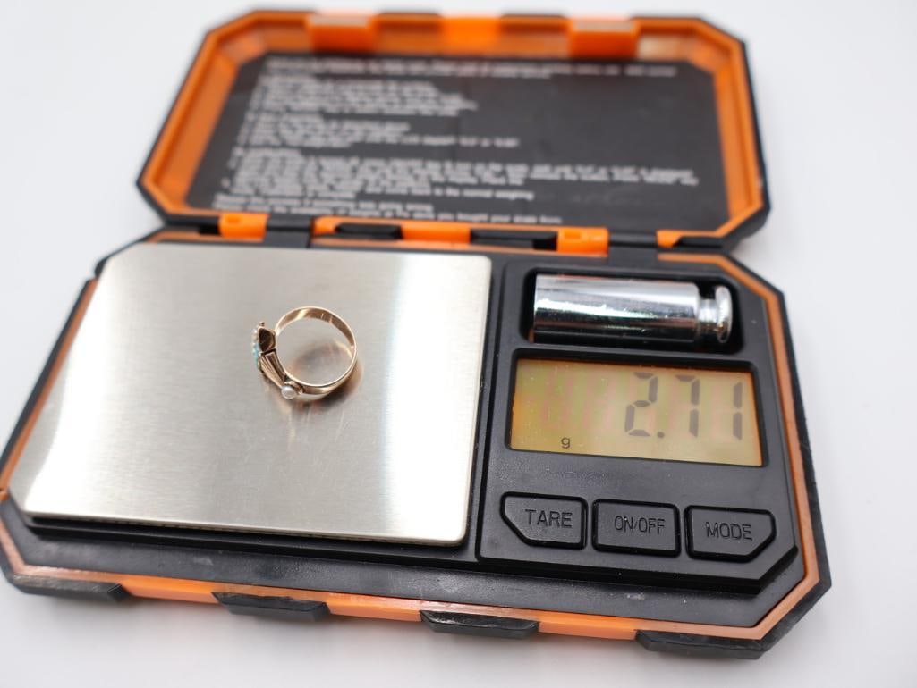 Synthetic Ruby 10k Gold ring Art Deco, and a turquoise and seed pearl ring - 11