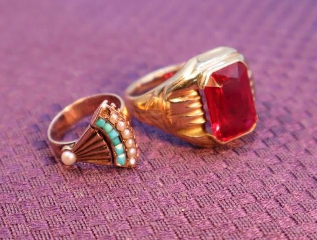 Synthetic Ruby 10k Gold ring Art Deco, and a turquoise and seed pearl ring (1 of 11)