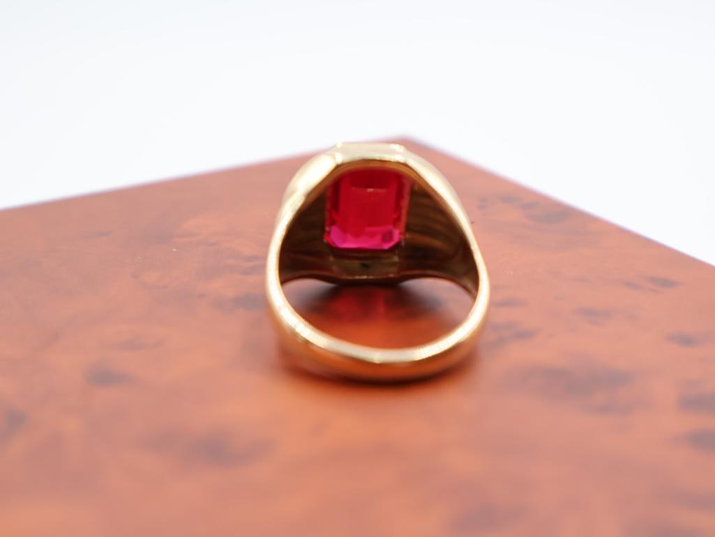 Synthetic Ruby 10k Gold ring Art Deco, and a turquoise and seed pearl ring - 3